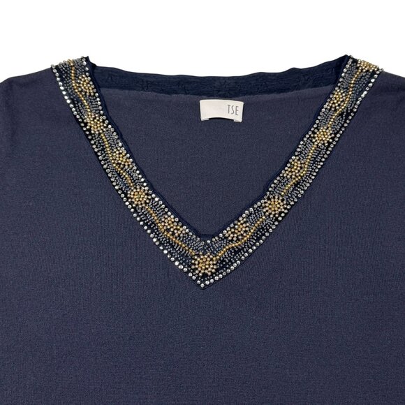 TSE Beaded Cashmere Sweater Sz L Gray  V-Neck Old Money Quiet Luxury Casual Chic - Picture 2 of 12